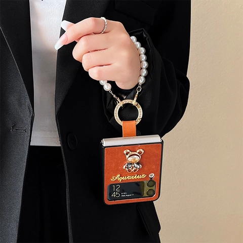 Funda Plegable De Cuero Sintético Cadena Perlas Artificiales Oso Diamantes Imitación Soporte Anillo Lujo Mujer