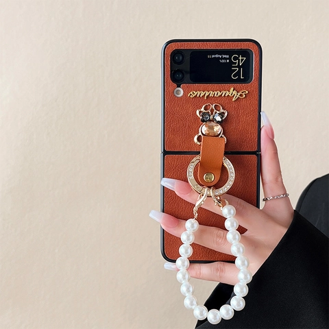 Funda Plegable De Cuero Sintético Cadena Perlas Artificiales Oso Diamantes Imitación Soporte Anillo Lujo Mujer