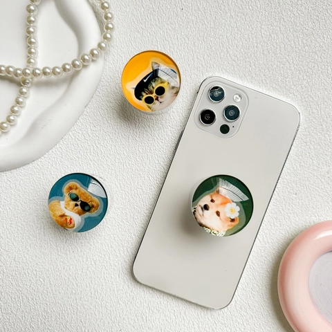 Supporto Espandibile Rotondo Per Cellulare Pieghevole Acrilico Epossidico Animale Cartone Cane Gatto Orso Accessorio Scrivania