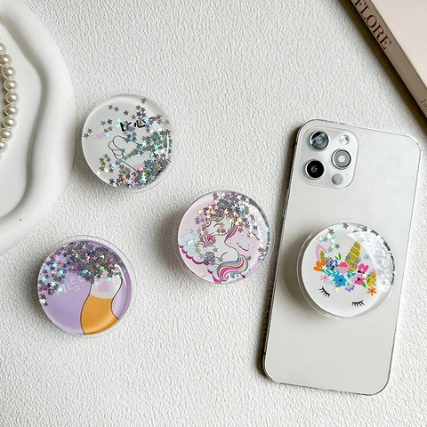 Round Quicksand Unicorn Cat Claw Phone Socket Holder Expandable Star Sequins Liquid Griptok Stand For Smartphone