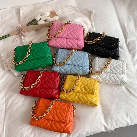 Quilted Diamond Pattern Shoulder Bag PU Leather Bold Gold Chain Strap Flip Cover Fashion Casual Women Square Bag