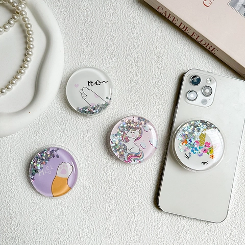 Round Quicksand Unicorn Cat Claw Phone Socket Holder Expandable Star Sequins Liquid Griptok Stand For Smartphone