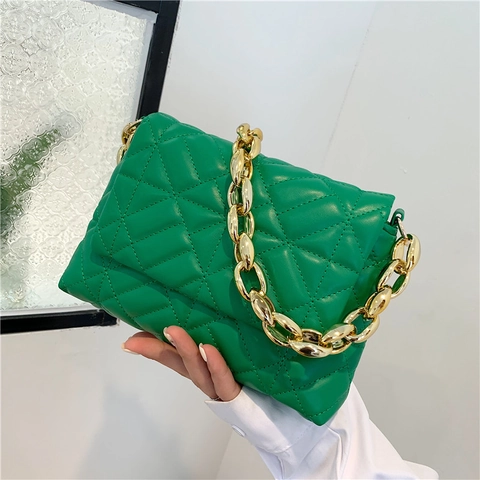 Quilted Diamond Pattern Shoulder Bag PU Leather Bold Gold Chain Strap Flip Cover Fashion Casual Women Square Bag