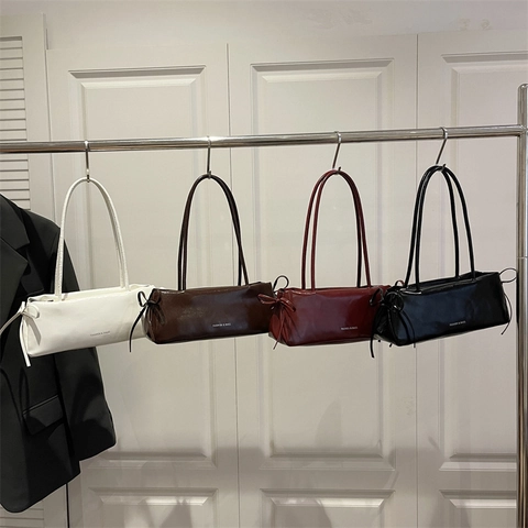 Women Glossy PU Leather Baguette Bag Underarm Shoulder Handbag Simple Solid Color Fashion With Side Bow Knot Design