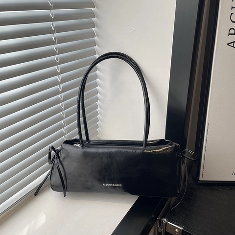 Borsa Baguette Minimalista Donna Pelle PU Lucida Dettaglio Fiocco Laterale Sottili Doppie Spalline Borsa Versatile