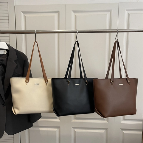 Large Capacity PU Leather Tote Bag For Women Minimalist Fashion Shoulder Bag Trendy Casual Commuting Handbag Solid Color