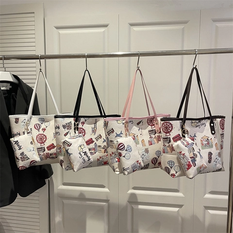 Borsa Tote Donna Stampa Città Cartone Animato Pelle PU Grande Capacità Borsa A Spalla Con Astuccio Coordinato Scuola Lavoro