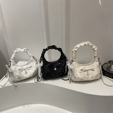 Sac Hobo Pour Femmes Avec Poignée Plissée Noeud Pendentif Künstliche Perle Dentelle Bandoulière Chaîne En Métal Décoration Rivets