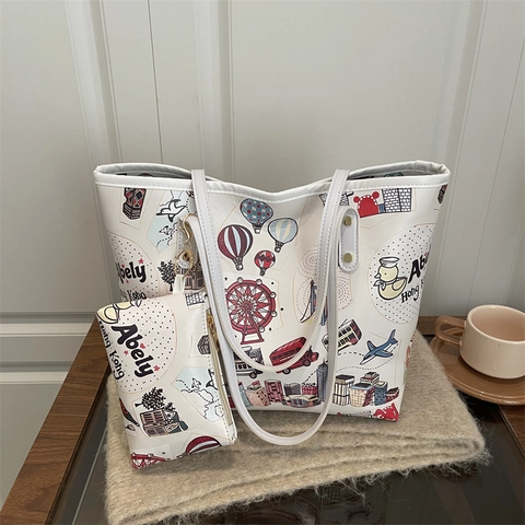 Borsa Tote Donna Stampa Città Cartone Animato Pelle PU Grande Capacità Borsa A Spalla Con Astuccio Coordinato Scuola Lavoro