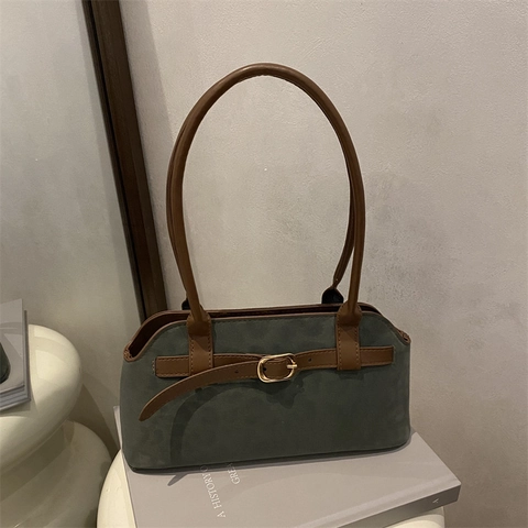 Women Vintage Underarm Shoulder Bag Leopard Print Faux Suede Contrast PU Leather Straps Gold Buckle Retro Chic