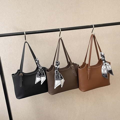 Borsa Tote Da Donna In Pelle PU Con Motivo Litchi Grande Capacità Borsa A Spalla Da Pendolare Con Decorazione Foulard