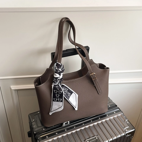 Borsa Tote Da Donna In Pelle PU Con Motivo Litchi Grande Capacità Borsa A Spalla Da Pendolare Con Decorazione Foulard