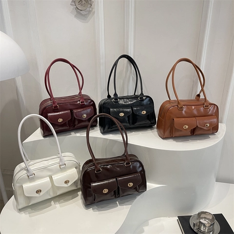 Bolso de Axila de Cuero PU Vintage para Mujer Moda Doble Bolsillo Cierre de Torsión de Metal Bolso de Hombro Casual Color Sólido