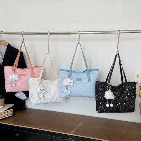 Grote Capaciteit Tote Bag Voor Dames Sterrenprint Canvas PU Handtas Met Pluche Wolk Charm Voor Woon-Werkverkeer Reizen Japanse Stijl