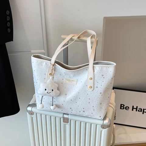 Grote Capaciteit Tote Bag Voor Dames Sterrenprint Canvas PU Handtas Met Pluche Wolk Charm Voor Woon-Werkverkeer Reizen Japanse Stijl