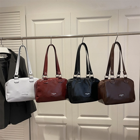 Women Minimalist PU Leather Tote Bag Large Capacity Fashion Glossy Shoulder Bag Trendy Stitching Solid Color Daily Office Handbag