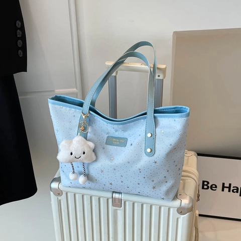 Borsa Tote da Donna con Stampa a Stelle Dolce Grande Capacità in PU e Tessuto Borsa a Spalla con Simpatico Ciondolo a Nuvola di Peluche Borsetta alla Moda Versatile