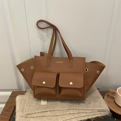 Borsa Tote Grande Capacità Pelle PU Grana Litchi Tasche Anteriori Borsa A Tracolla Sottobraccio Donna Pendolare Minimalista