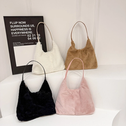 Bolso Tote de Felpa para Mujer de Moda Gran Capacidad Color Sólido Bolso de Hombro de Piel Sintética Streetwear Casual Bolso de Axila Suave