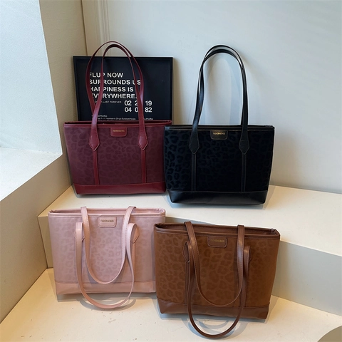 Women Leopard Print Large Capacity Tote Bag Faux Leather Velvet Shoulder Bag Fashion Casual Handbag Daily Work Travel Bag