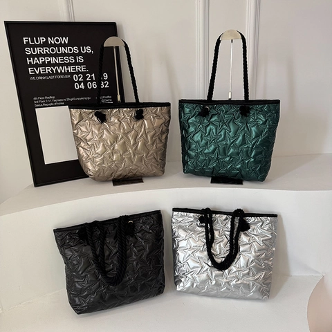 Borsa Tote Trapuntata a Stelle Metalliche da Donna Grande Capacità Leggera in Tessuto Oxford con Manico in Corda Intrecciata per Pendolari
