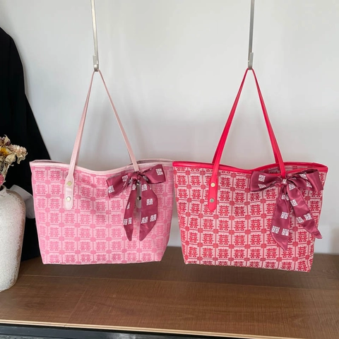 Damen Tote Bag Chinesische Doppelglück Jacquard Gewebte Große Kapazität Handtasche Mit Schleifenband Hochzeit Festlicher Stil