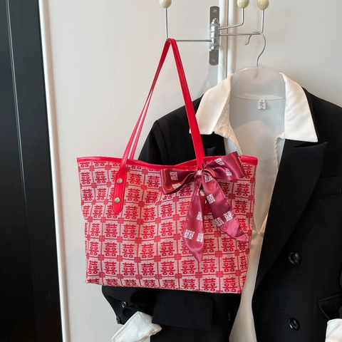 Damen Tote Bag Chinesische Doppelglück Jacquard Gewebte Große Kapazität Handtasche Mit Schleifenband Hochzeit Festlicher Stil