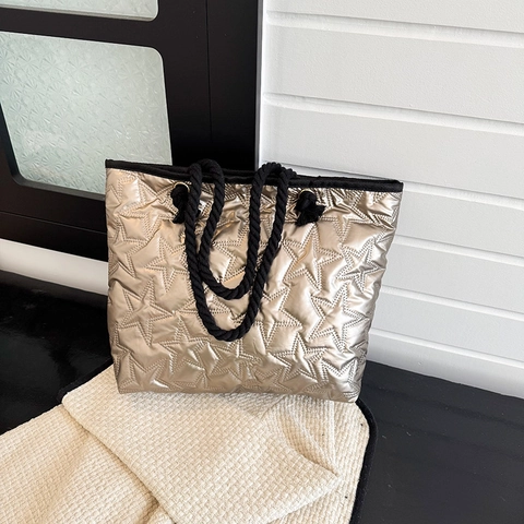 Women Metallic Star Quilted Tote Bag PU Leather Large Capacity Shoulder Bag With Rope Handle Casual Daily Fashion Handbag
