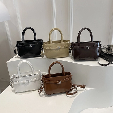 Women Small Square Handbag Retro PU Leather Crossbody Bag With Belt Buckle Decor Top Handle Minimalist Daily Travel