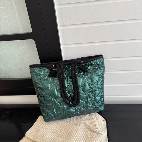 Women Metallic Star Quilted Tote Bag PU Leather Large Capacity Shoulder Bag With Rope Handle Casual Daily Fashion Handbag