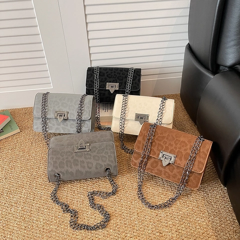 Leopard Print Chain Shoulder Bag Women Suede PU Crossbody Small Square Handbag Fashion Retro Stylish Lock Closure