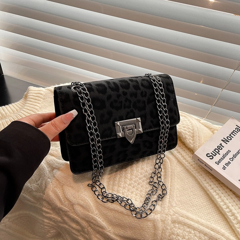 Leopard Print Chain Shoulder Bag Women Suede PU Crossbody Small Square Handbag Fashion Retro Stylish Lock Closure