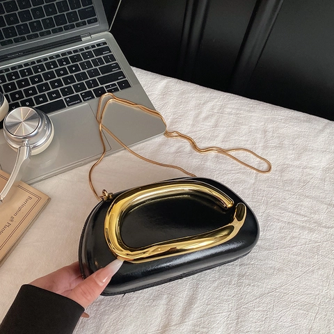 Damen PU Leder Schulter Umhängetasche Mit Großem Goldmetallgriff Oval Schicke Messenger Handtasche Für Den Alltag