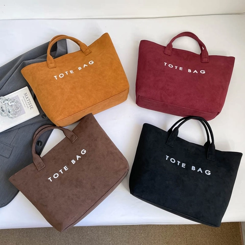 Grote Capaciteit Suede Textuur Tote Bag Minimalistische Letter Print Commuter Handtas Voor Vrouwen Vintage Stijl