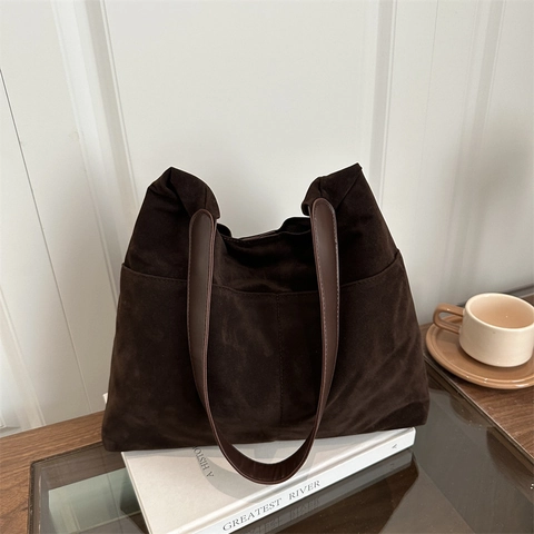 Grote Draagtas Suède Minimalistisch Retro Schoudertas Hobo Handtas Met Magneetsluiting Voor Dames Woon-Werkverkeer