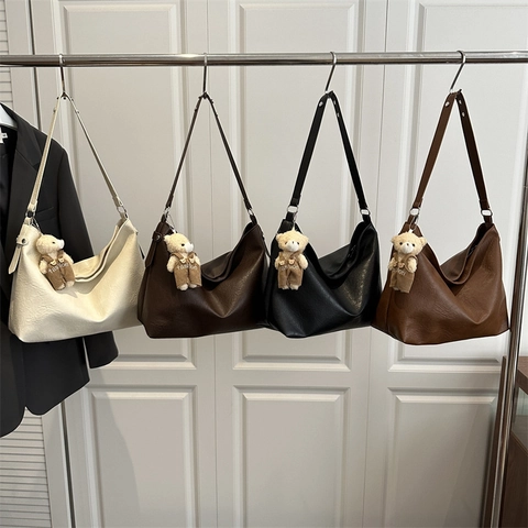 Vintage Grote Capaciteit PU Leer Hobo Tas Voor Vrouwen Stijlvolle Woon Werkverkeer Schoudertas Met Afneembare Beer Hanger Handtas