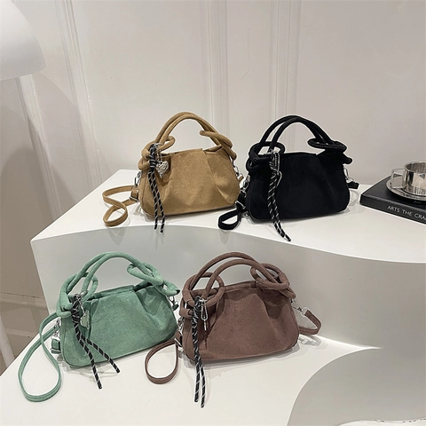 Pleated PU Suede-Look Shoulder Bag For Women Fashion Crossbody Handbag With Heart Pendant Versatile Top-Handle Bag For Daily Use
