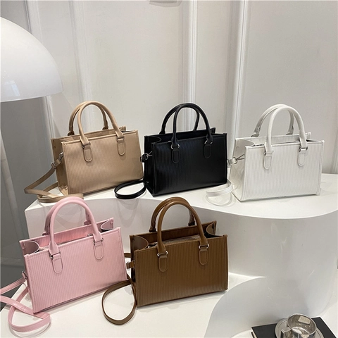 Moderne Damen Mode Vertikal Gefaltet PU Leder Handtasche Einfache Quadratische Schulter Umhängetasche Mit Doppelten Griffen Pendler Tasche