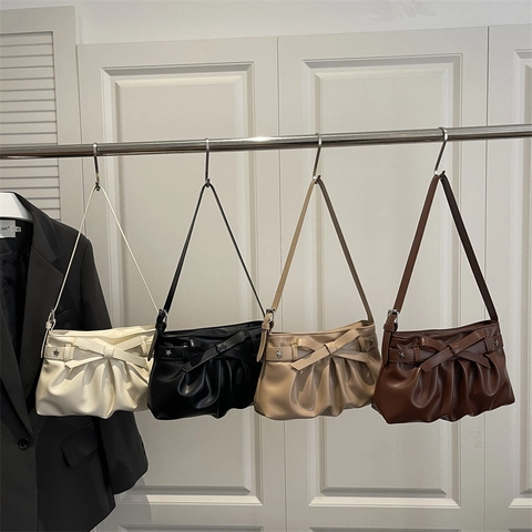 Women Shoulder Underarm Bag PU Leather Pleated Large Capacity Bow Star Rivets Minimalist Elegant Solid Color Commuting