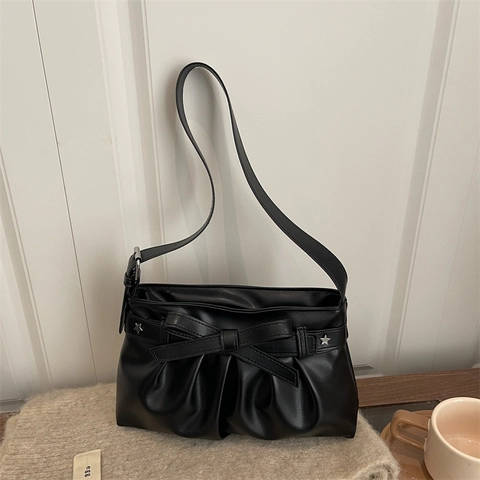 Women Shoulder Underarm Bag PU Leather Pleated Large Capacity Bow Star Rivets Minimalist Elegant Solid Color Commuting