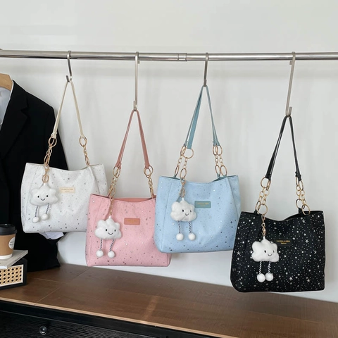 Star Print Tote Bag PU Leather Large Capacity Gold Chain Strap Fashion Shoulder Handbag With Cloud Charm For Women