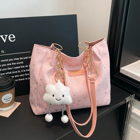 Borsa Tote da Donna a Grande Capacità con Stampa Stellata Borsa a Tracolla in Pelle PU e Tessuto con Ciondolo a Nuvola di Peluche