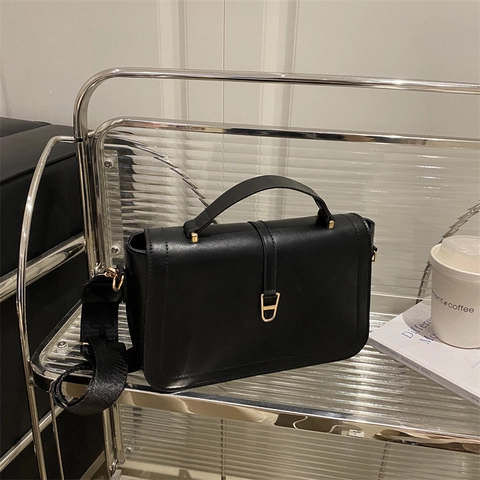 Minimalist PU Leather Shoulder Bag Women Korean Style Flap Square Handbag Wide Fabric Strap Gold Hardware Elegant