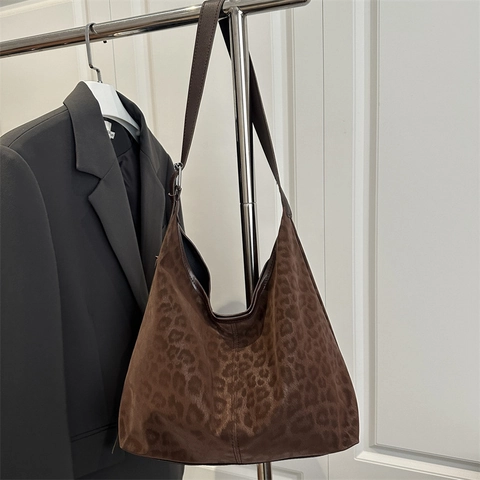 Borsa Hobo Stampa Leopardata Grande Capacità Texture Scamosciata Borsa A Spalla Tracolla Regolabile Moda Vintage Donna