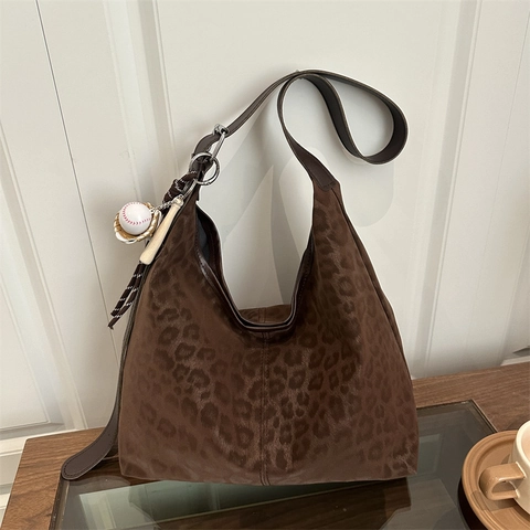 Borsa Hobo Stampa Leopardata Grande Capacità Texture Scamosciata Borsa A Spalla Tracolla Regolabile Moda Vintage Donna
