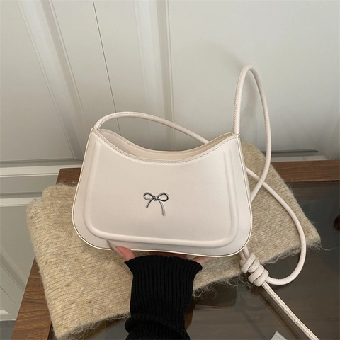 Women Shoulder Bag PU Leather Bow Metal Buckle Knotted Strap French Simple Underarm Hobo Bag Solid Color Retro Chic