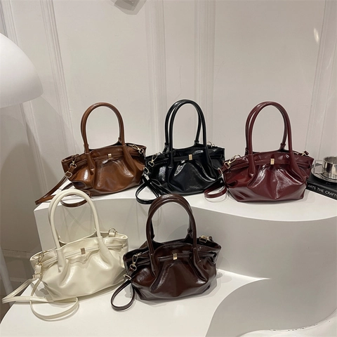 Mode Geraffte Eimertasche Damen Glänzendes PU Leder Schulter Umhängetasche Elegant Lässige Pendler Handtasche Verstellbar