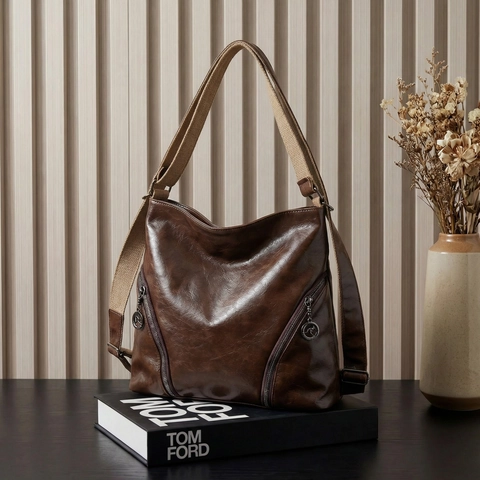 Vintage PU Leather Large Capacity Shoulder Bag And Backpack For Women With Dual Zippers And Kangaroo Pendant Decor