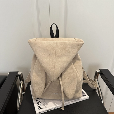 Mochila De Moda Para Mujer Cuero PU Gamuza Orejas De Conejo Estilo Capucha Cierre Con Cordón Bolso De Viaje Casual