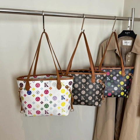 Grote Capaciteit Draagtas Vrouwen Retro PU Leer Meerkleurige Monogram Gedrukte Schoudertas Dagelijks Mode Handtas